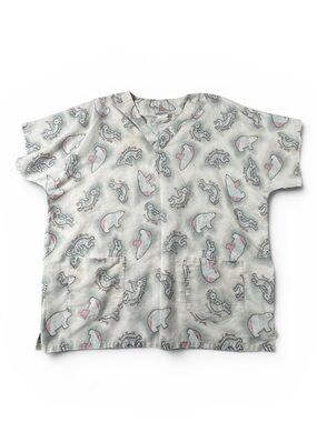 Vintage Off-White V-Neck Scrub Top with Pink & Gray Animal and Native Amer Motif